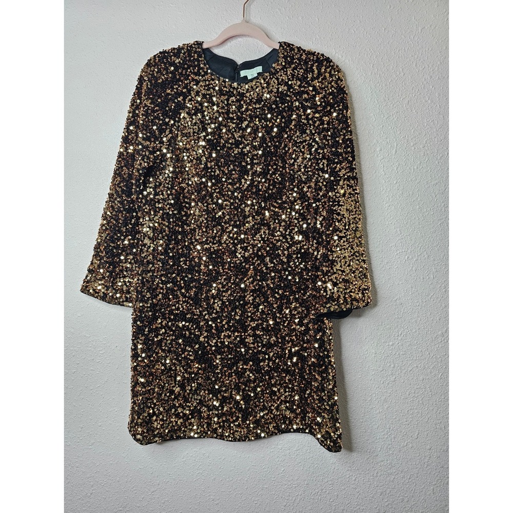 HM Women Black Gold Sequin Shift Mini Dress Size S New Years Party Holiday
